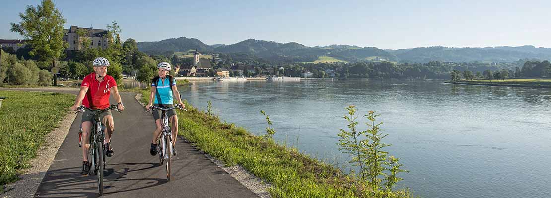 zwei Radfahrer genießen die Tour an der Donau