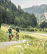 2 Radfahrer auf einem idyllischen Radweg, Wiesen und Hügel in der Umgebung, dahinter Burg Losenstein